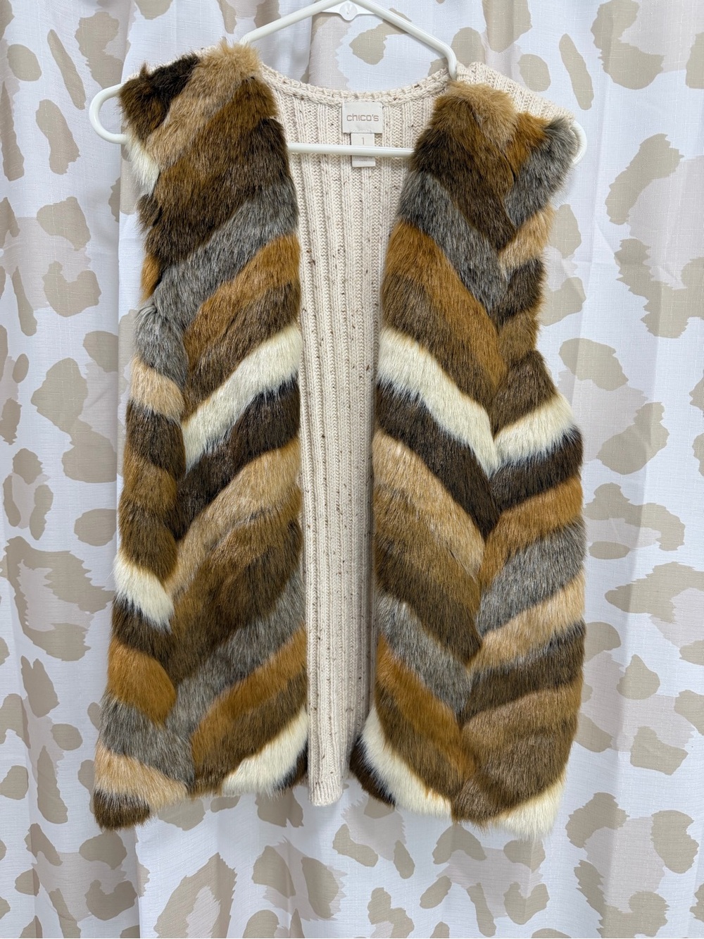 Chico's Multi-Tone Faux Fur Chevron Vest in Brown and Cream